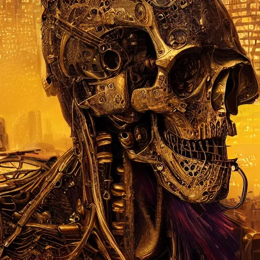 Prompt: a golden cyberpunk skeleton with highly detailed and intricate electric eyes, by android jones and greg rutkowski, Trending on artstation, hyperrealism, elegant, stylized, highly detailed digital art, 8k resolution, hd, global illumination, radiant light, detailed and intricate cyberpunk ghetto environment, rendered in octane, oil on canvas, wide angle, dynamic portrait