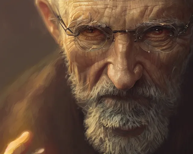 Image similar to close up highly detailed old man face, deep focus, d & d, fantasy, intricate, elegant, highly detailed, digital painting, artstation, concept art, matte, sharp focus, illustration, hearthstone, art by artgerm and greg rutkowski and alphonse mucha