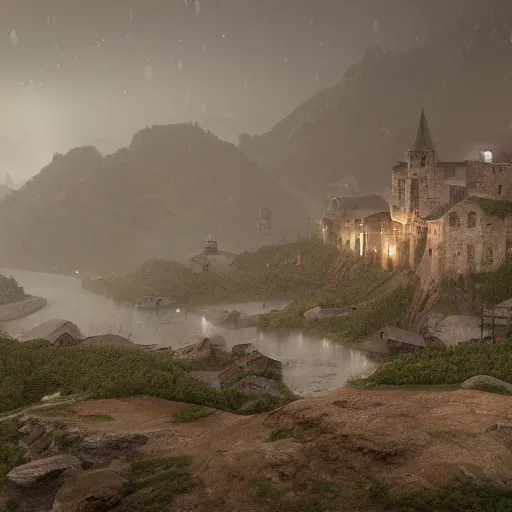 Prompt: the center of a poor medieval town under heavy rain at late dawn, in a valley, surrounded by mountains, highly detailed, octane, ultra detailed cinematic, 8 k, widescreen, 1 6 : 9, hd