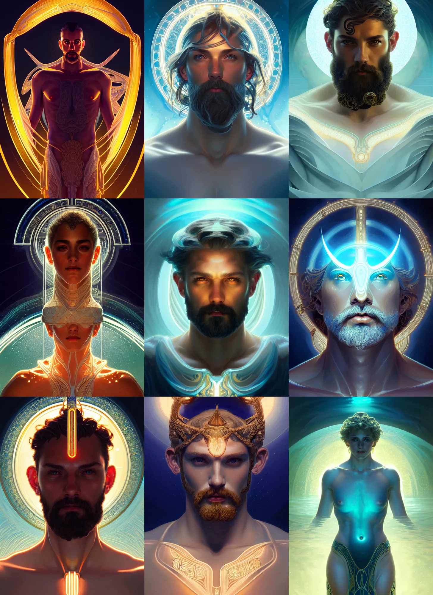 Prompt: symmetry!! portrait of poseidon, ocean, water, sci - fi, glowing lights!! intricate, elegant, highly detailed, digital painting, artstation, concept art, smooth, sharp focus, illustration, art by artgerm and greg rutkowski and alphonse mucha, 8 k