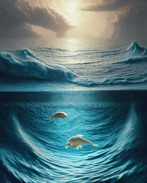 Image similar to a hyper - detailed 3 d render of water animals of the creating waves, surrealism!!!!! surreal concept art, lifelike, photorealistic, digital painting, aesthetic, smooth, sharp focus, artstation hd, by greg rutkowski, klimt and nixeu and ian sprigger and wlop and krenz cushart,