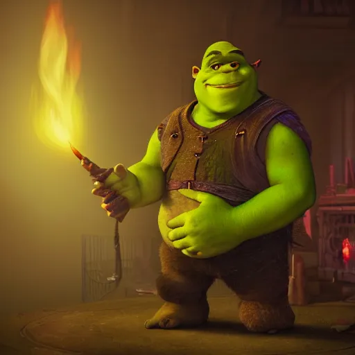 Image similar to painting of shrek, candlelight, 8 k, lens flare, atmosphere, glow, detailed, intricate, beautiful color, dungeons and dragons, dark, gritty, satanic, cinematic lighting, trending on artstation, 4 k, hyperrealistic, focused, highly detailed, unreal engine 5, cinematic, masterpiece