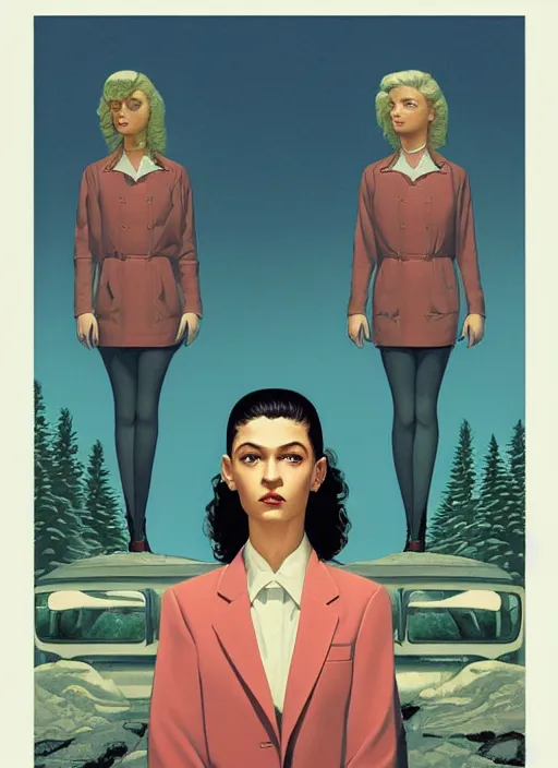 Prompt: Twin Peaks poster artwork by Michael Whelan, Bob Larkin and Tomer Hanuka, Karol Bak of portrait of Zendaya is a high school student working at the diner wearing light blue waitress dress, from scene from Twin Peaks, simple illustration, domestic, nostalgic, from scene from Twin Peaks, clean