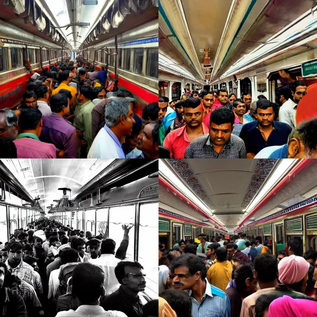 Prompt: interior view of a crowded indian train