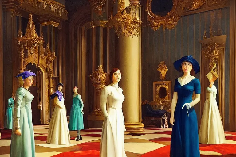 Image similar to a beautiful surreal portrait of a congregation of royal women. Detailed masterpiece. Intricate features. Edward Hopper, Martine Johanna, Roger Deakin’s cinematography, by J. C. Layendecker and Peter Paul Rubens