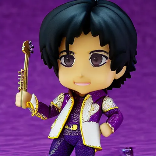 Prompt: prince ( musician ) as nendoroid in a purple rain, kodak film