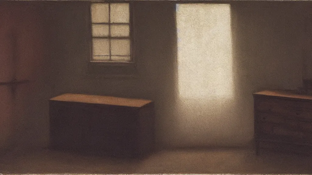 Image similar to in a very old house, an opened drawer in a chest, full of memories and little things, painted by vilhelm hammershoi, interior design, rays of light, melancholy