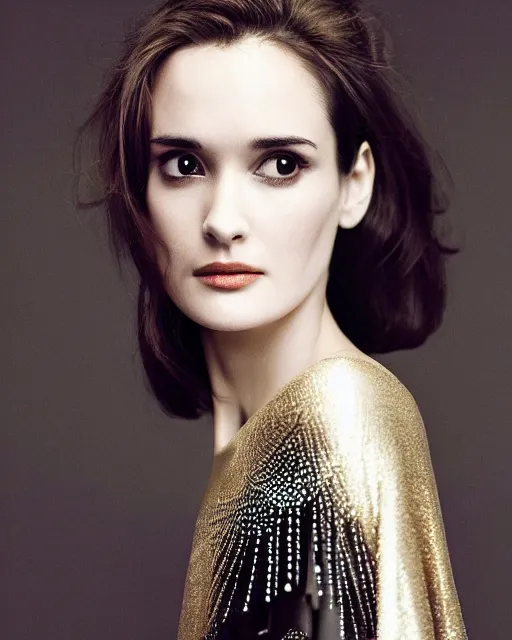 Image similar to gorgeous young winona ryder wearing a futuristic metal kimono, half body portrait, greg kutkowski, sharp details, soft lighting, subsurface scattering, pearls of sweat, glistening skin, warm lighting