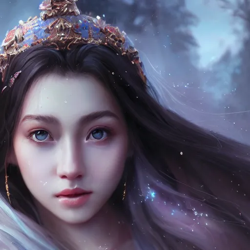 Prompt: a beautiful enchanter by wlop, dream, magical, closeup headshot, 8 k, high detailed, ultra - realistic painting, trending on artstation.