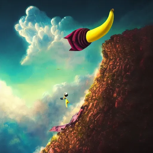 Prompt: a stunning wide angle view a banana jumping from a cliff into space, highly detailed clouds, artistic composition, sharp focus, intricate concept art, digital painting, colorful flat surreal design, hd, 8 k, artstation, ambient lighting