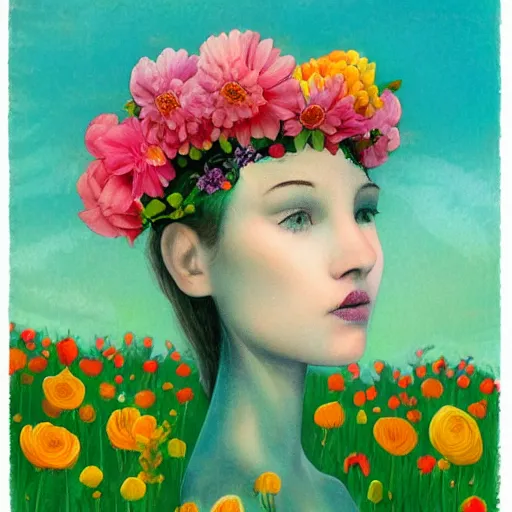 Image similar to surreal flowerheaded girl, flowerfield