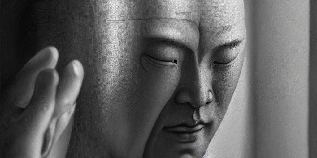 Image similar to Ultra realistic illustration, close up of a buddhist monk looking at himself in the mirror, cyberpunk, sci-fi, fantasy, intricate, elegant, highly detailed, digital painting, artstation, concept art, smooth, sharp focus, illustration art in the style of albrecht durer,