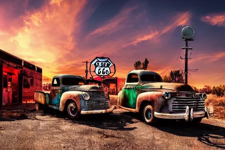 Image similar to a sunset light landscape with historical route 6 6, lots of sparkling details and sun ray ’ s, blinding backlight, smoke, volumetric lighting, colorful, octane, 3 5 mm, abandoned gas station, old rusty pickup - truck, beautiful epic colored reflections, very colorful heavenly, softlight