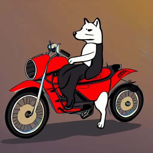 Prompt: shiba inu riding a motorcycle, digital art, 4 k, trending on artstation