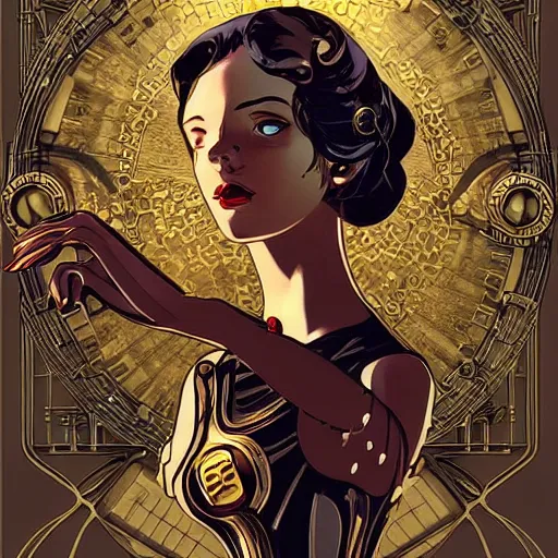 Prompt: brass semi - mechanical woman, portrait, art nouveau dress, dynamic pose, art by moebius and ilya kuvshinov, in steampunk cityscape