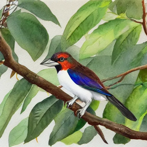 Prompt: A realistic watercolour painting of a Trogon in a wild avocado tree, fine detail, washed out background