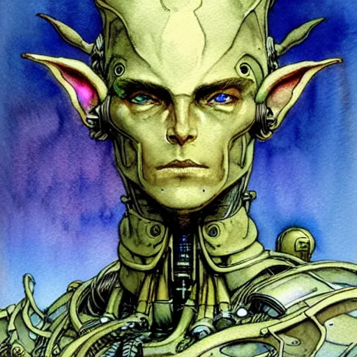 Prompt: a realistic and atmospheric watercolour fantasy character concept art portrait of a mechanized android elf as a druidic warrior wizard looking at the camera with an intelligent gaze by rebecca guay, michael kaluta, charles vess and jean moebius giraud