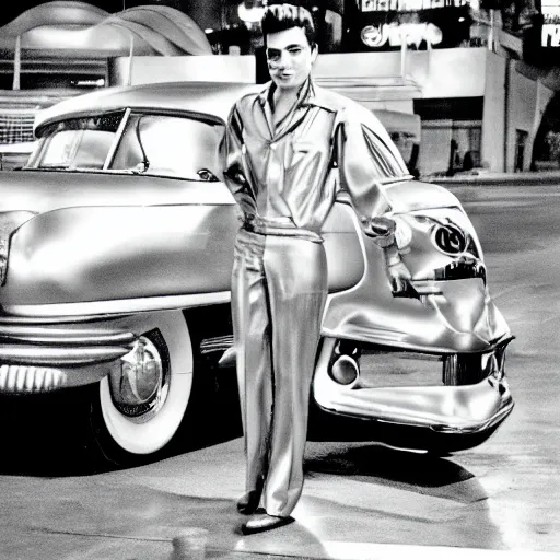 Prompt: chrome car, 1 9 5 0 s, elvis, nighttime, starlight