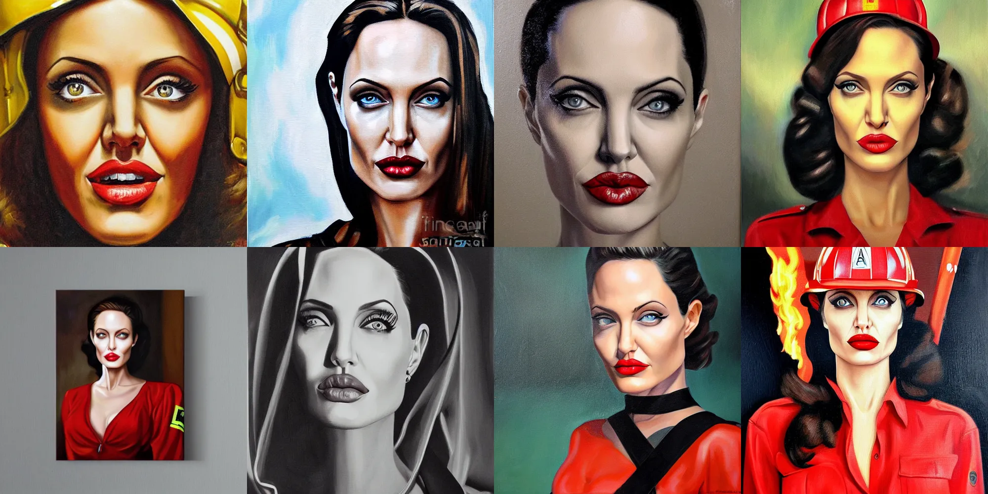 Prompt: symmetrical oil painting portrait angelina jolie in firefighter costume by percevel rockwell - from 1 9 4 0 s