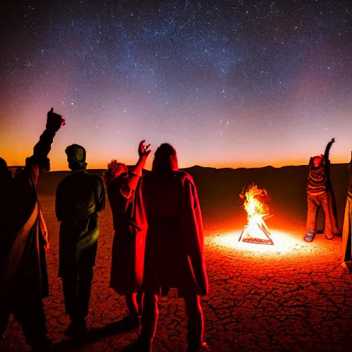 Image similar to photograph of seven ravers, two men, one woman, woman is in a trenchcoat, blessing the earth, seen from behind, talking around a fire, dancefloor kismet, diverse costumes, clean composition, desert transition area, bonfire, starry night, australian desert, xf iq 4, symmetry, sony a 7 r, 1 5 0 mp, 5 0 mm