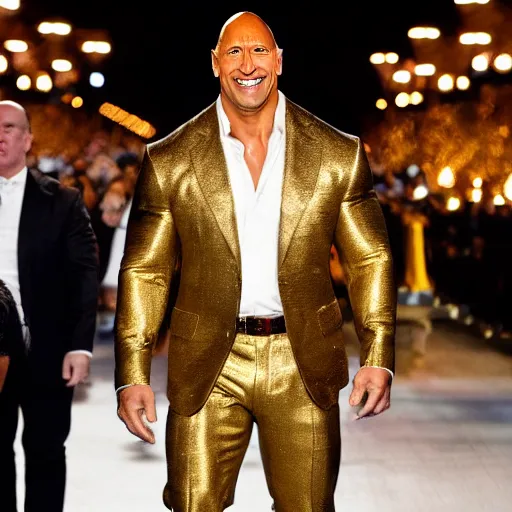 Prompt: dwayne the rock johnson wearing a golden expensive gold suit made entirely of gold walking down the run way, 3 5 mm, paparazzi photo, dazzling lights, dramatic lighting, photorealistic, cinematic scene, gold, super detailed, hyper realistic, bright lights