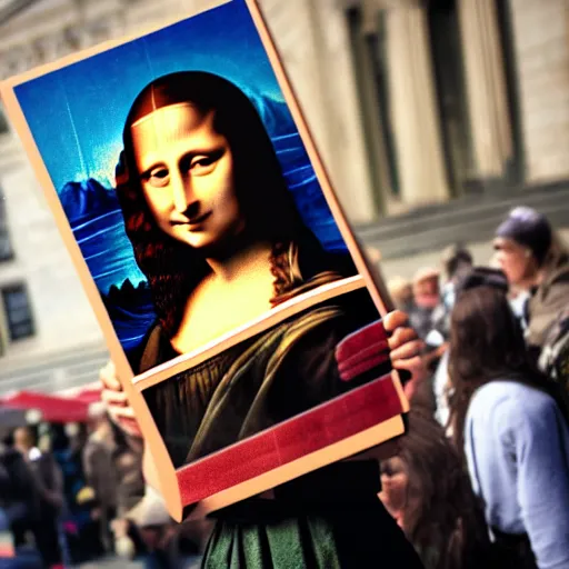 Image similar to the Mona Lisa in real life holding a picket sign protesting for abortion rights at a rally downtown, ultra detailed, 8k resolution, ultrarealistic