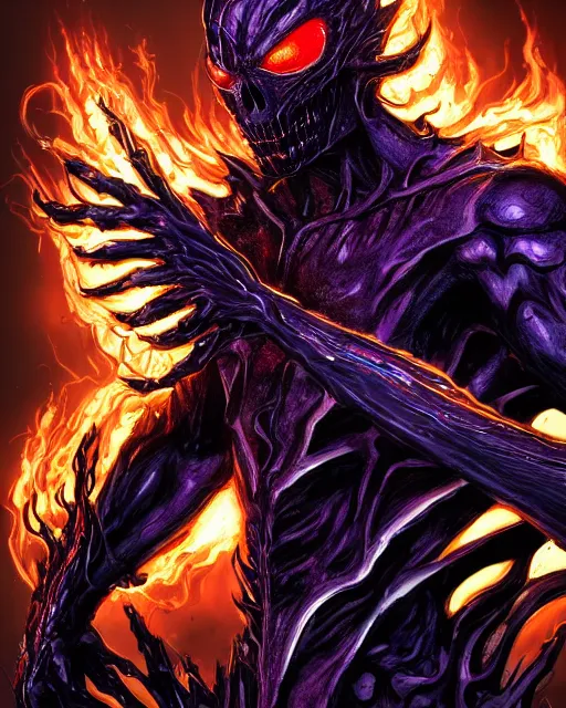 Image similar to ghost rider symbiote, purple and red variant, dynamic lighting, fantasy concept art, trending on art station, stunning visuals, creative, cinematic, ultra detailed, comic strip style