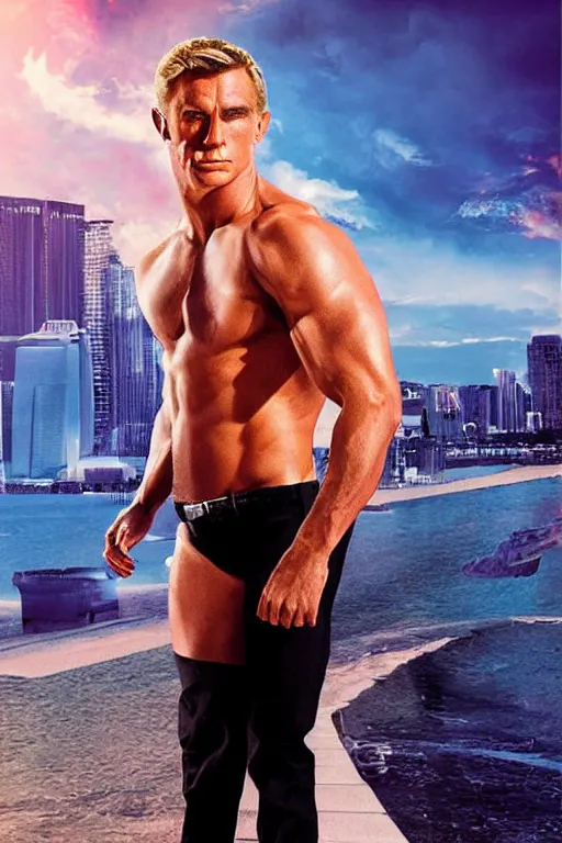 Image similar to synthwave romance novel cover with james bond, long swept back blond hair, chiseled good looks, muscular arms and chest, digital art
