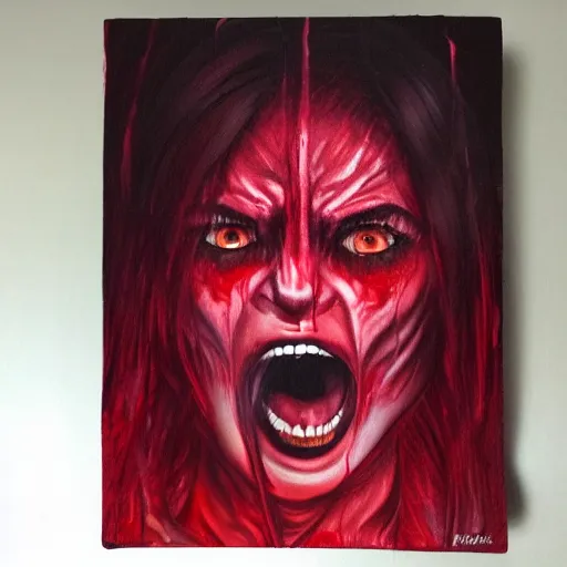 Prompt: extrem mad girl with total anger screams in the void to release her anger, high detail painting in dark red colors