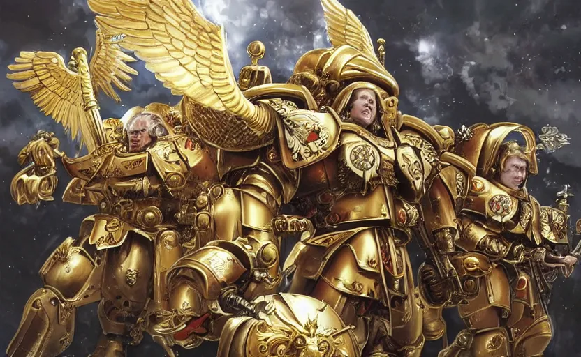 Image similar to the golden primarch of the emperor with angelic wings leading space marines into war, warhammer 40k anime