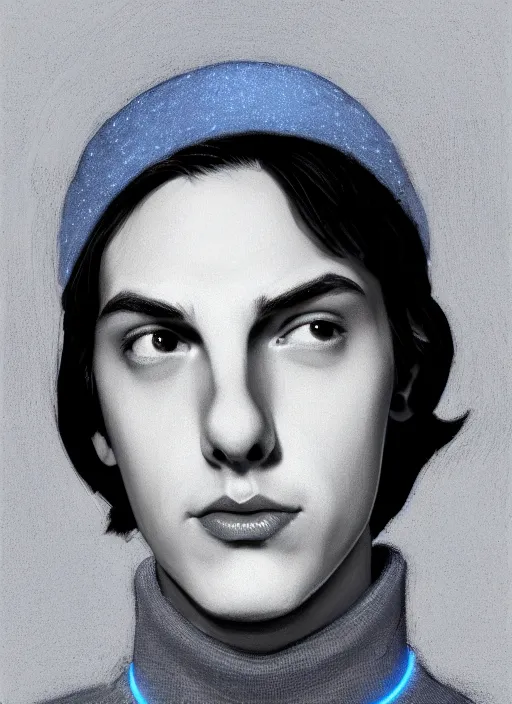 Image similar to portrait of teenage jughead jones wearing a light grey crown, crown, blue turtleneck, 1 9 5 0 s, closed eyes, photorealistic, black hair, glowing lighting, intricate, elegant, glowing lights, highly detailed, digital painting, artstation, concept art, smooth, sharp focus, illustration, art by wlop, mars ravelo and greg rutkowski