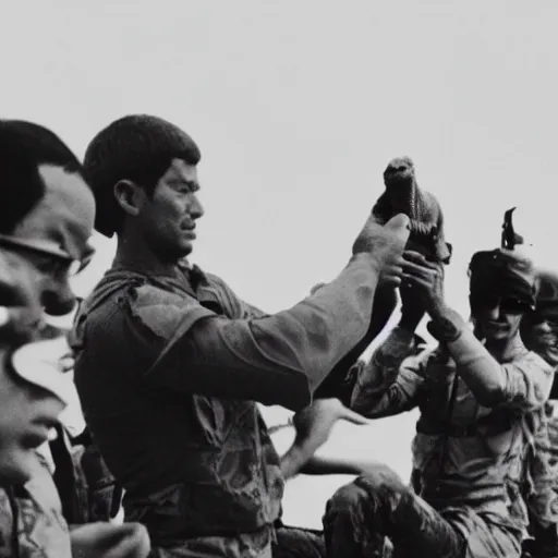 Image similar to soldiers taking a picture with a tyrannosaurus rex in the vietnam war, black and white, eddie adams, david burnett, robert capa, al chang, niel davis, marc riboud