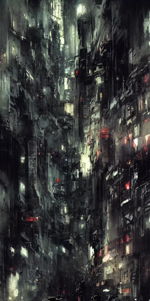 Prompt: a blade runner dungeon located in a city painted by ashley wood and phil hale, masterpiece, award - winning, sharp focus, intricate concept art, ambient lighting, 8 k, artstation, pixiv