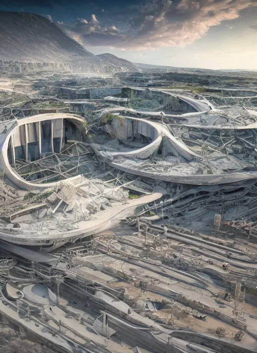 Image similar to bioremediation white mining tailing futuristic horizontal architecture in chuquicamata, epic, cinematic, hyperealistic, high detailed, corona render, hdr, ray tracing