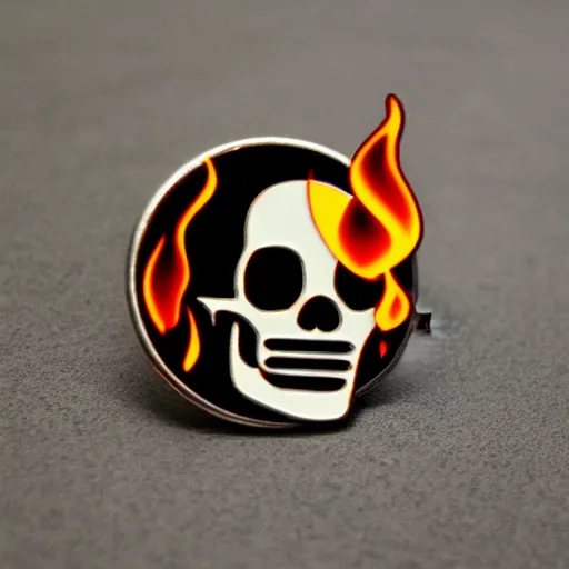 Prompt: vintage minimalistic clean skull fire flame warning enamel pin