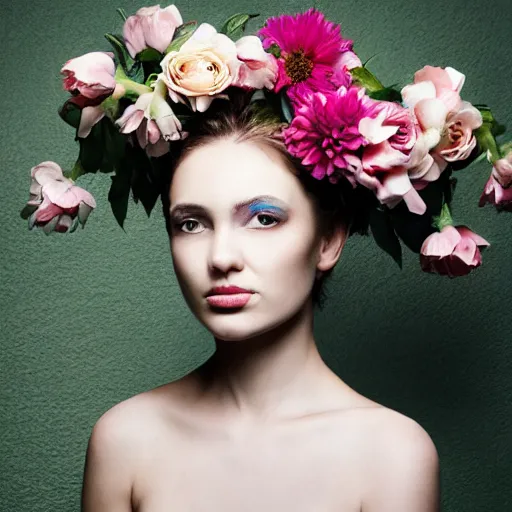 Prompt: magazine photoshoot featuring flowers growing out of of a woman's head