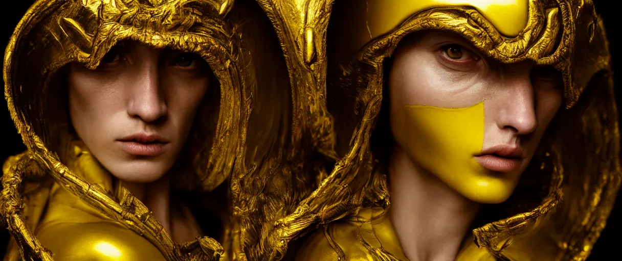 Prompt: hyperrealist highly detailed neo-baroque portrait of high fashion warrior concept art pascal blanche dramatic yellow lighting 8k wide angle shallow depth of field