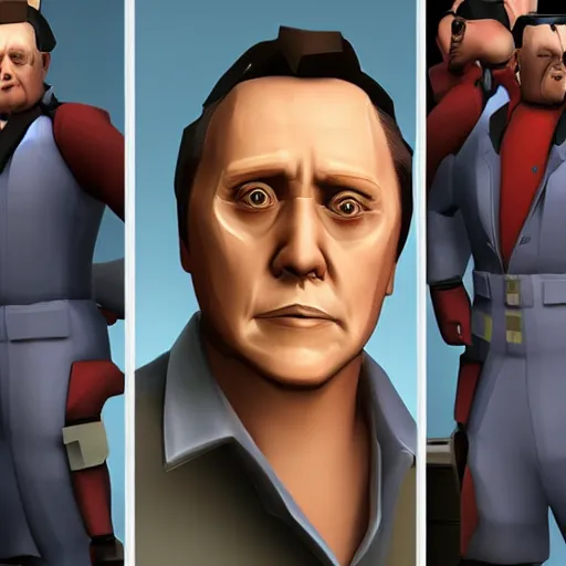 Image similar to Christopher Walken as a character in the game Team Fortress 2, with a background based on the game Team Fortress 2