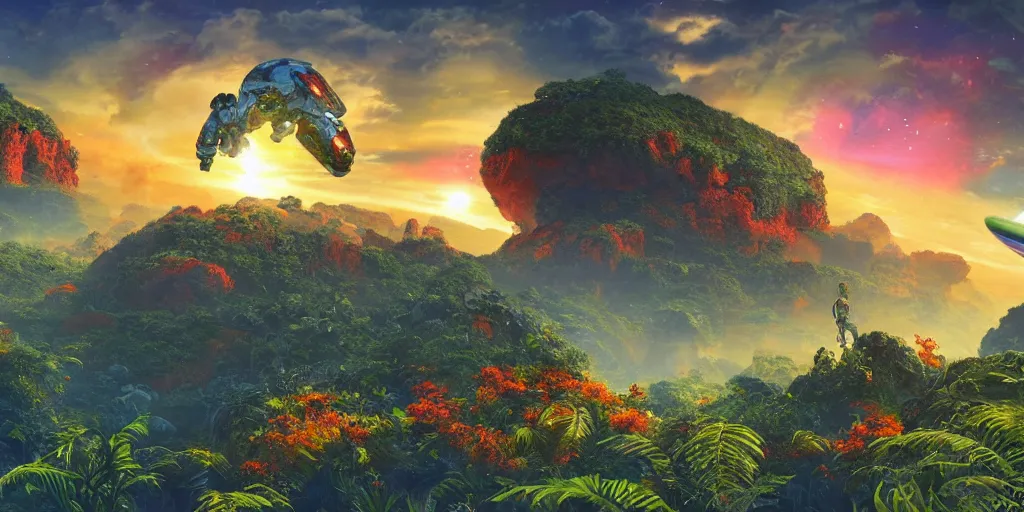 Prompt: flying ironman in the centre of composition, sunrise in alien planet, full of vegetation, stunning garden of alien flowers, colourful plants, trees, vibrant colours, beautiful matte painting, dreamy, high detail, matte painting, artstation, in the style of martin johnson heade and roger dean