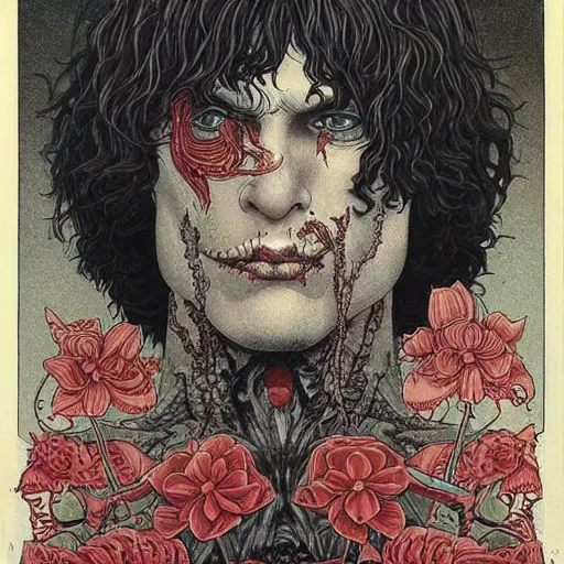 Image similar to symmetrical jim morrison as a vampire lizard king, very detailed style of takato yamamoto lots of flowers