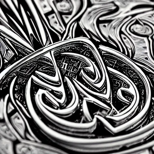 Image similar to a chrome carved heart, highly detailed, intricate artwork, graphic style of Patrick Gleason very coherent symmetrical artwork, depth of field, bokeh