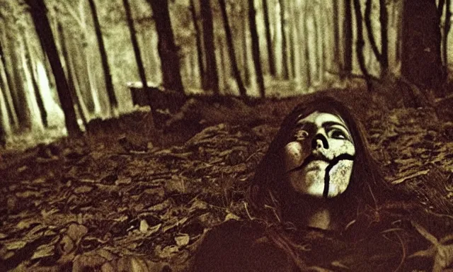 Image similar to corpse face looking at camera in forest at night, 70s photo, out of focus, motion blur, cctv footage, horror movie, horror lighting, blair witch project, old photo