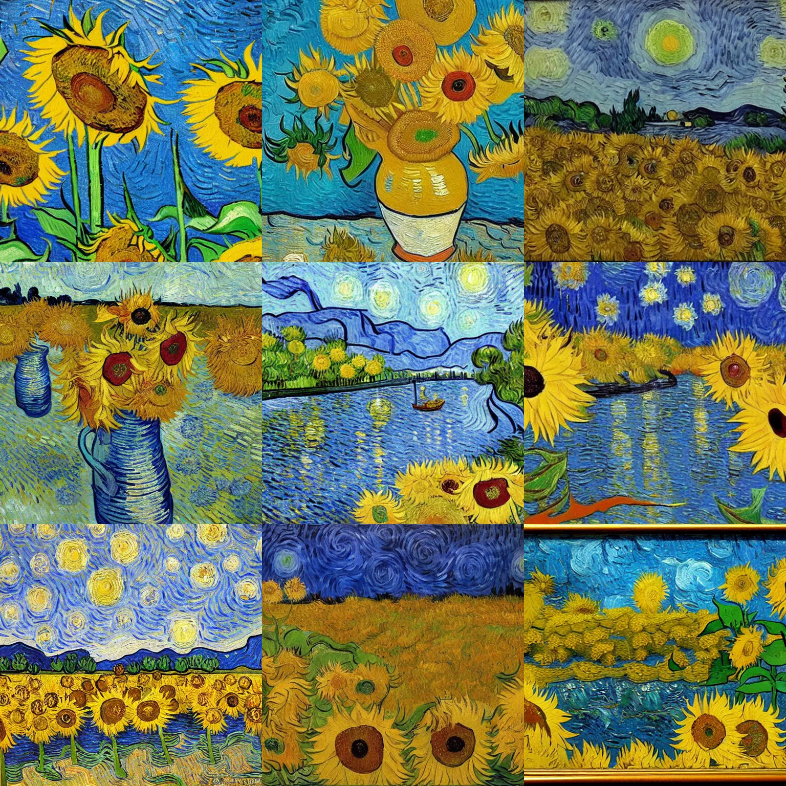 Prompt: van gogh style river scene with sunflowers