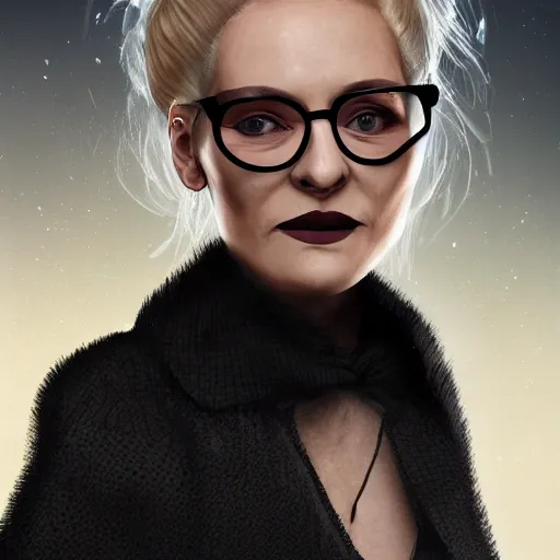 Prompt: a severe middle aged french woman with blonde hair tied in a strict bun, spectacles, lots of makeup, rich, character portrait, digital art, high quality, 8 k, detailed, d & d character,