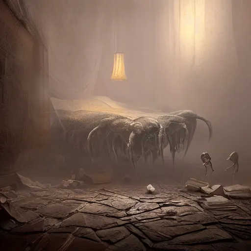 Prompt: michal karcz painting of the monster under your bed. , horror theme, detailed, elegant, intricate, 4k,