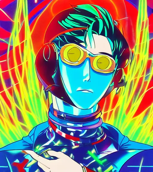 Prompt: beautiful young man, blend of 8 0 s anime - style art vibrant composition and color, filtered through a cybernetic lens, by hiroyuki mitsume - takahashi and noriyoshi ohrai and annie leibovitz, dynamic lighting, colourful background