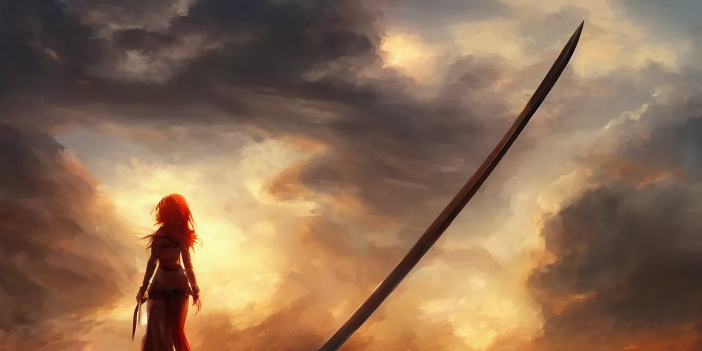 Image similar to back shot of one single beautiful girl gazing back into distance land, holding a oversized sword. digital art by wlop. artstation contest winner, cinematic paint. lower shot. fiery dramatic cloud in background.