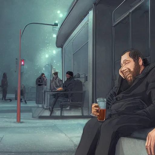 Image similar to A stunning digital masterpiece of a drunk man, he is blacked out under a bus stop, artstation