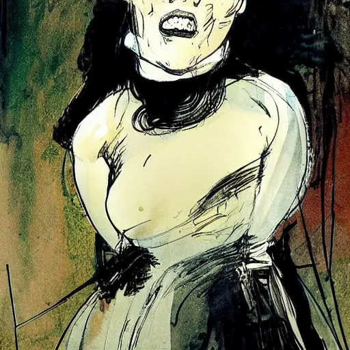 Image similar to expressive pride & prejudice by bill sienkiewicz. a beautiful illustration of a giant head. the head is bald & has a big nose. the eyes are wide open & have a crazy look. the mouth is open & has sharp teeth. the neck is long & thin.