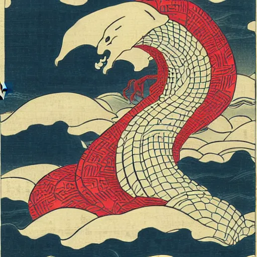 Image similar to hydra emerges from the stormy sea, ukiyo-e print